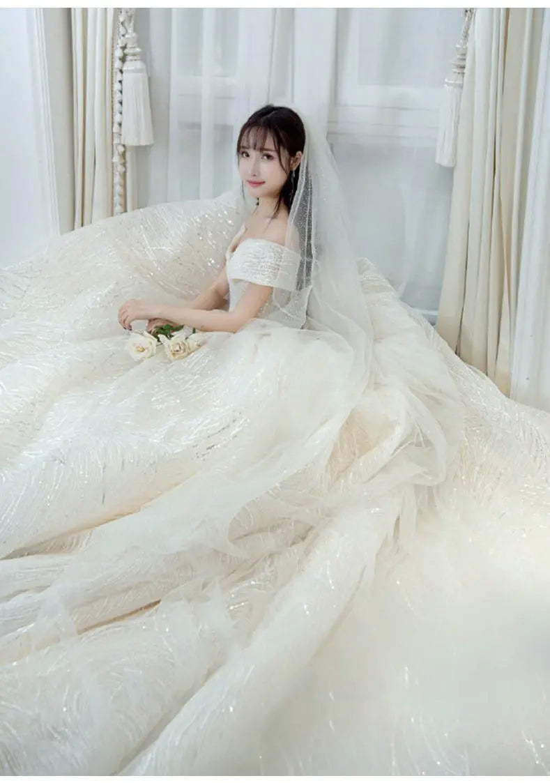 Luxury Sequins Wedding Dress Classic Boat Neck Bridal Gown Off The Shoulder