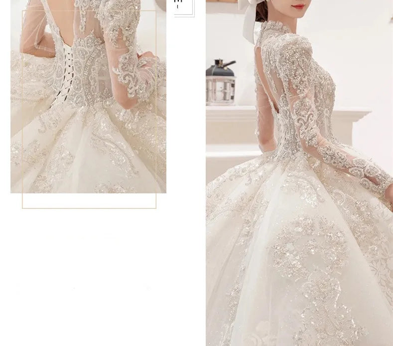 Gorgeous V Neck Illusion Full Sleeve Shining Beaded Crystal Lace Applique Wedding Party Bridal Gowns
