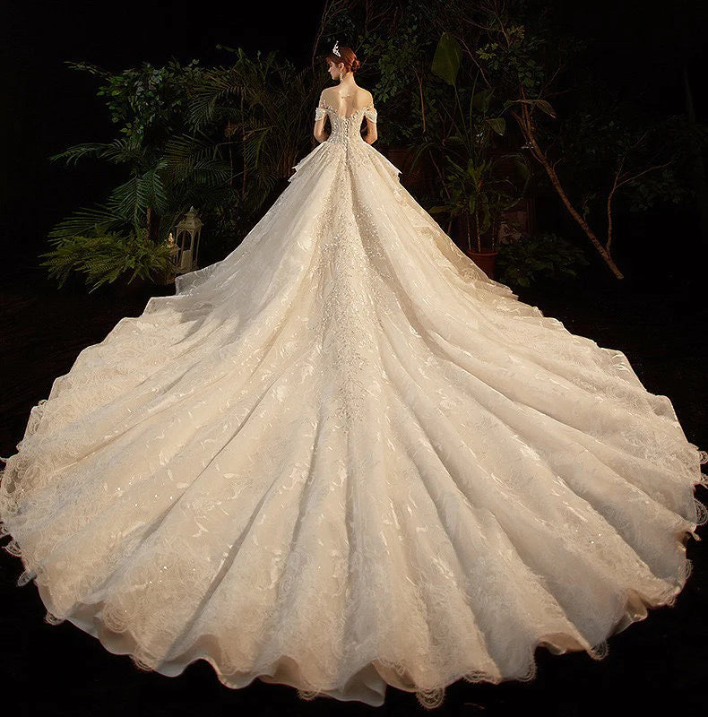 O-Neck Illusion Long Sleeve Brilliant Embroidery Lace Sequins Beading Bridal Gowns With Train