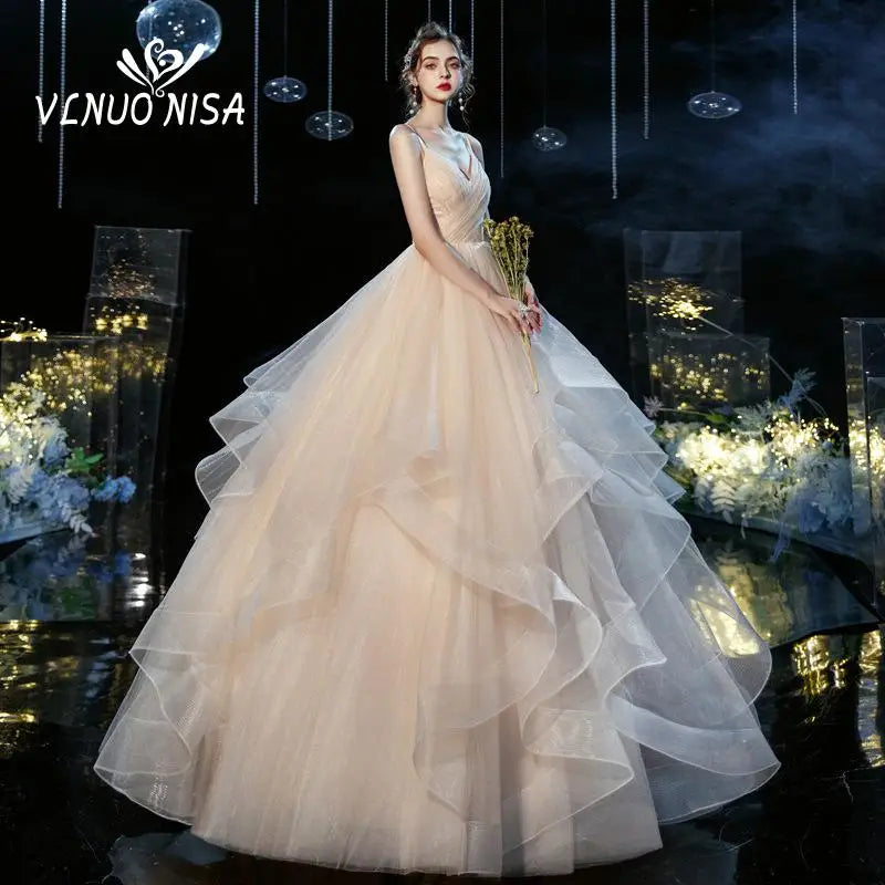 Wedding dress Sexy Deep V Neck Ball Gowns Spaghetti Straps Off White Champagne Tulle Bridal Dress