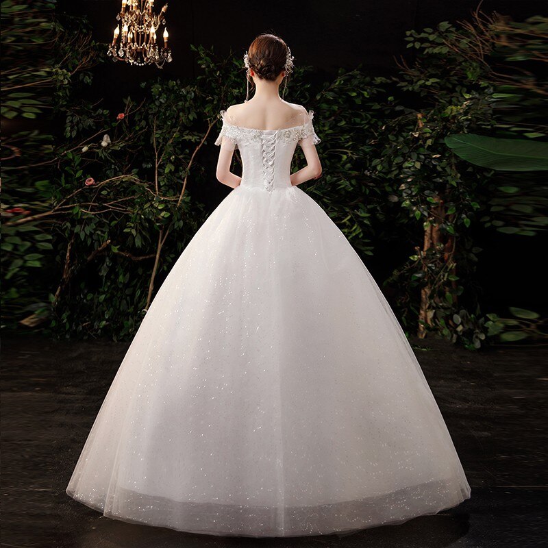 Boat Neck Wedding Dress Shining Sequins Wedding Gown