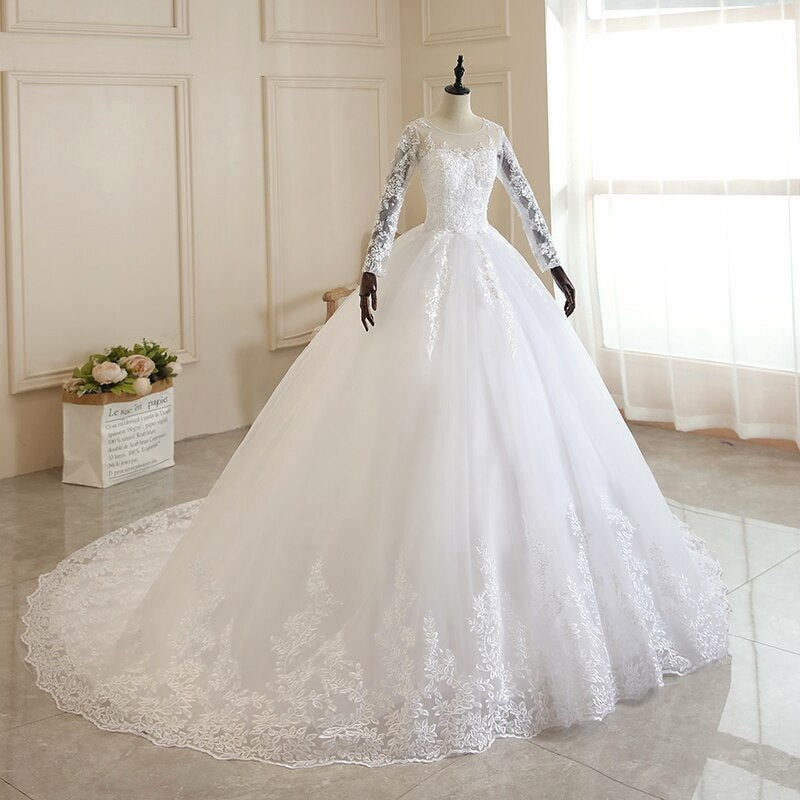 Pure White Full Sleeve Wedding Dress With Train Princess Luxury Wedding Dress