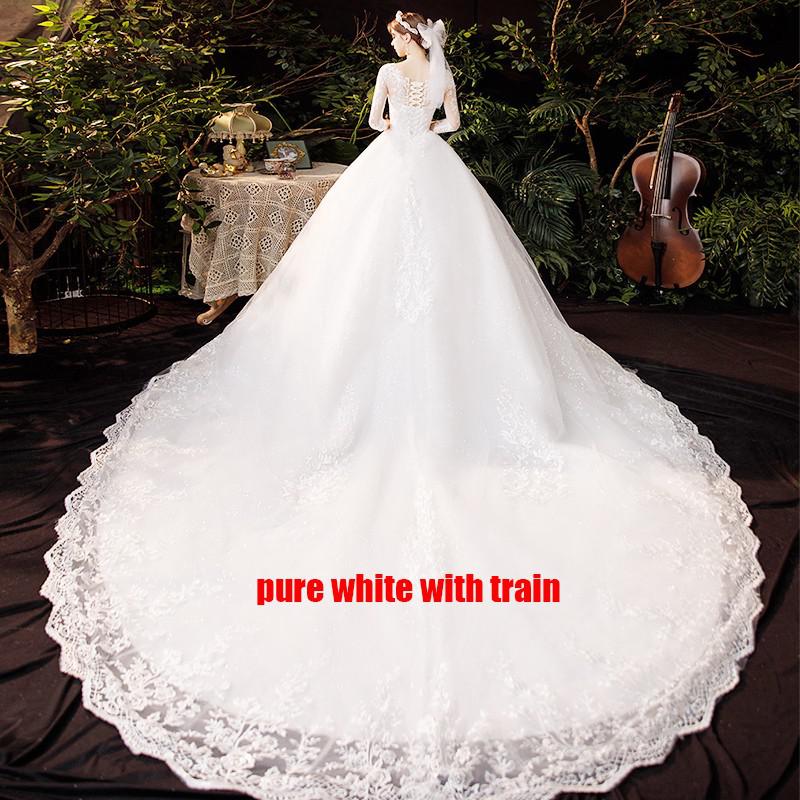 Boat Neck With Train Three Quarter Sleeve Lace Up Bridal Ball Gown