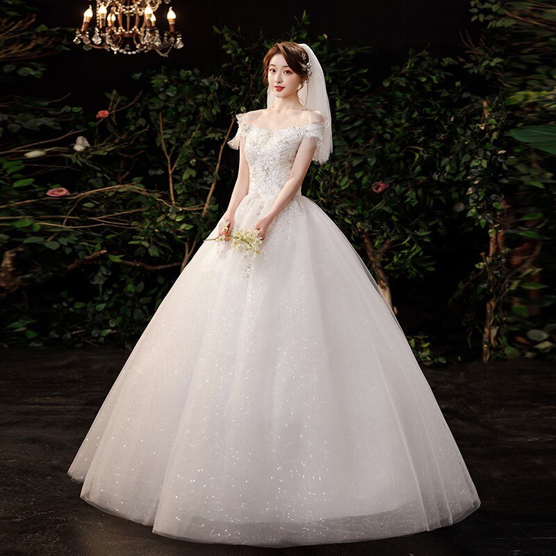 Boat Neck Wedding Dress Shining Sequins Wedding Gown