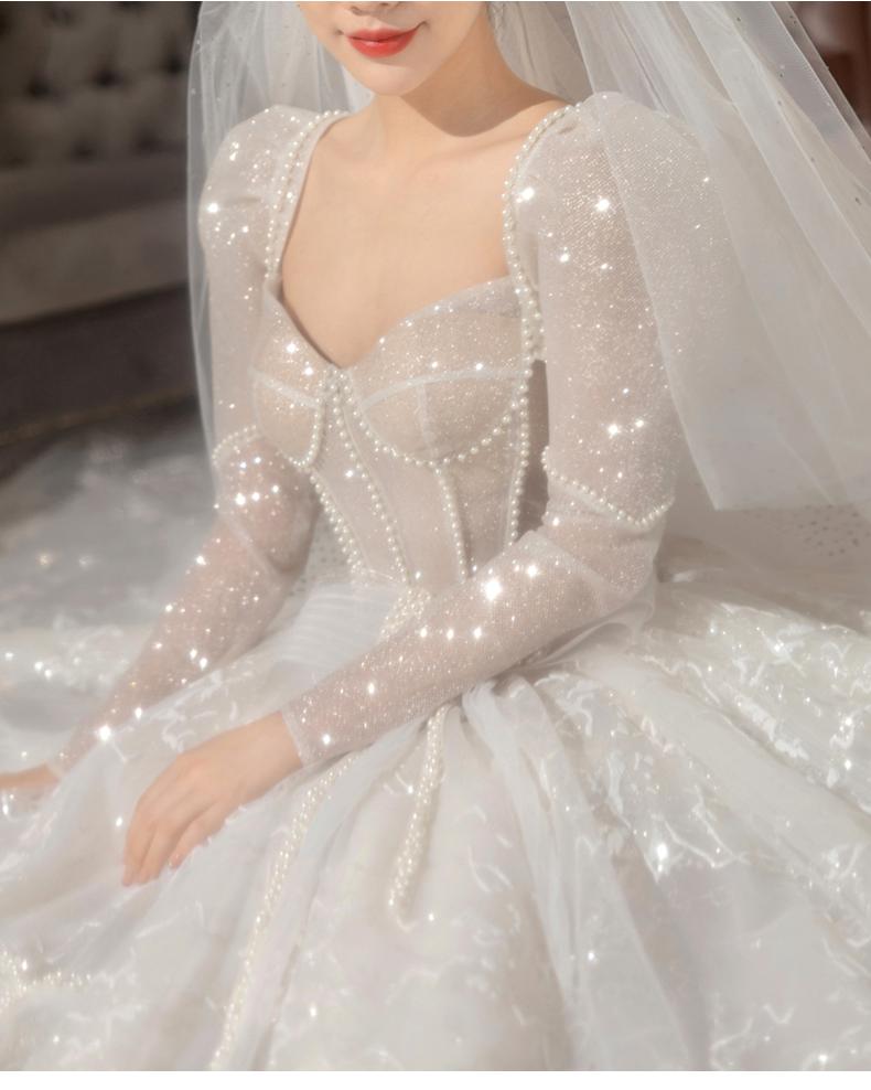 Classic Full Sleeve Wedding Dress Shining Sequins Pearl Ball Gown Plus Size Custom Made Luxury Bridal Dresses Robe De Mariee