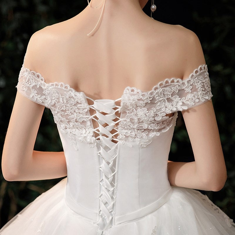 New Boat Neck Wedding Dress Sweep Brush Train Ball Gown Bridal Dress Lace Up Wedding Gowns Vestidos De Novia