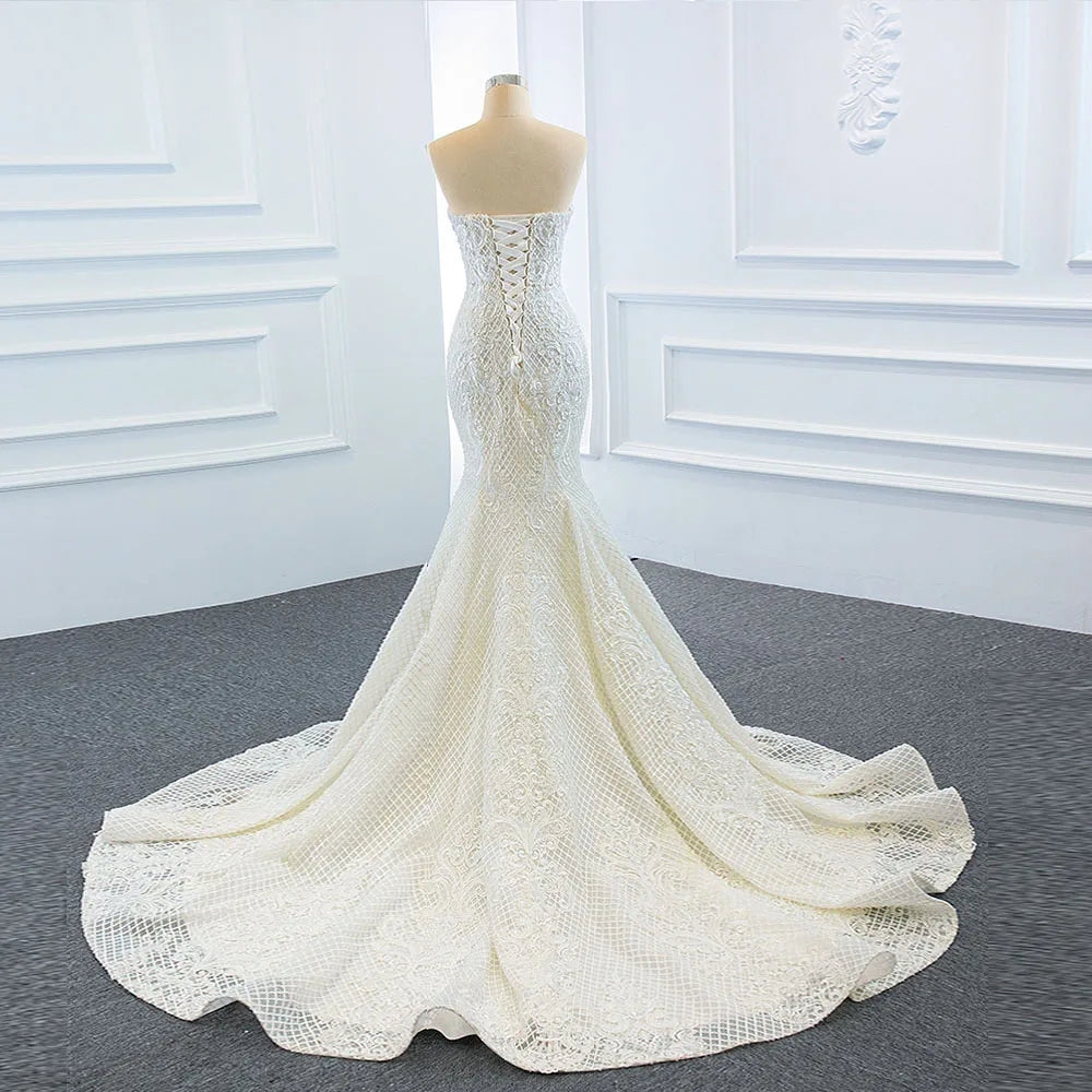 2 Pieces Pearls Lace Mermaid Wedding Dress With Detachable Chapel Train