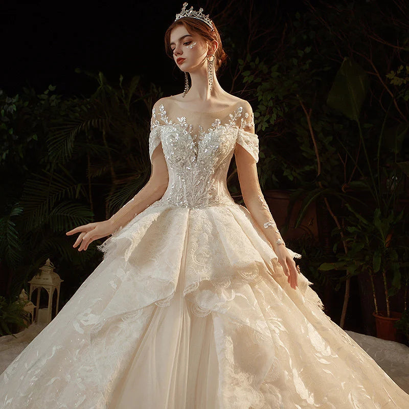 O-Neck Illusion Long Sleeve Brilliant Embroidery Lace Sequins Beading Bridal Gowns With Train