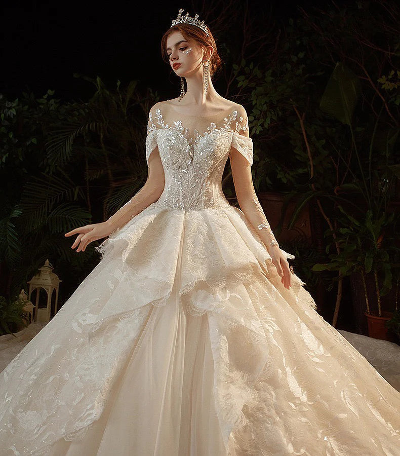 O-Neck Illusion Long Sleeve Brilliant Embroidery Lace Sequins Beading Bridal Gowns With Train