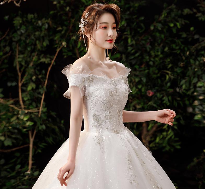 Boat Neck Wedding Dress Shining Sequins Wedding Gown