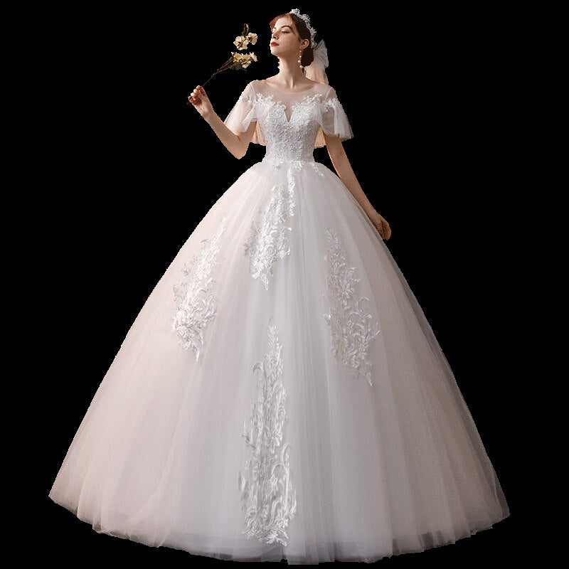 Short Sleeve Lace Wedding Dresses Luxury Bridal Lace Up Ball Gown
