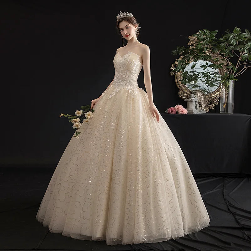 New Korean Lace Strapless Sexy Dubai Wedding Dresses Spring Bridal Gown Cheap Wedding Gowns
