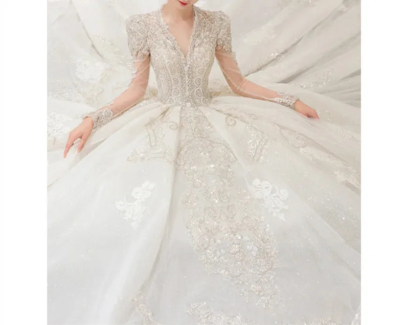 Gorgeous V Neck Illusion Full Sleeve Shining Beaded Crystal Lace Applique Wedding Party Bridal Gowns