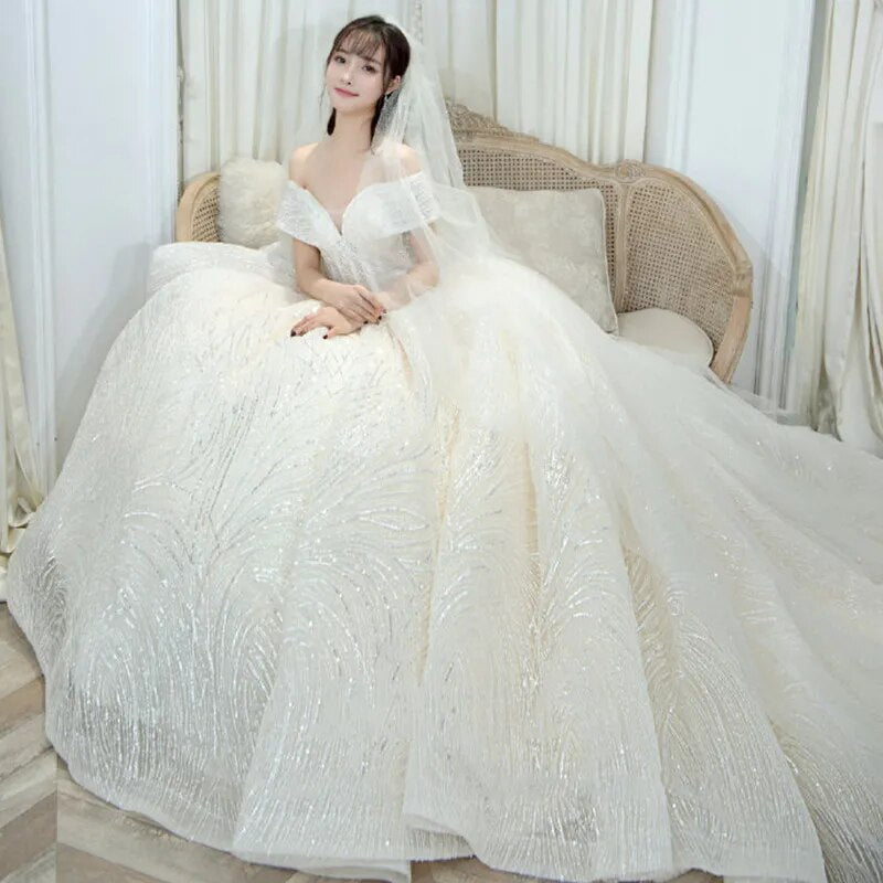 Luxury Sequins Wedding Dress Classic Boat Neck Bridal Gown Off The Shoulder