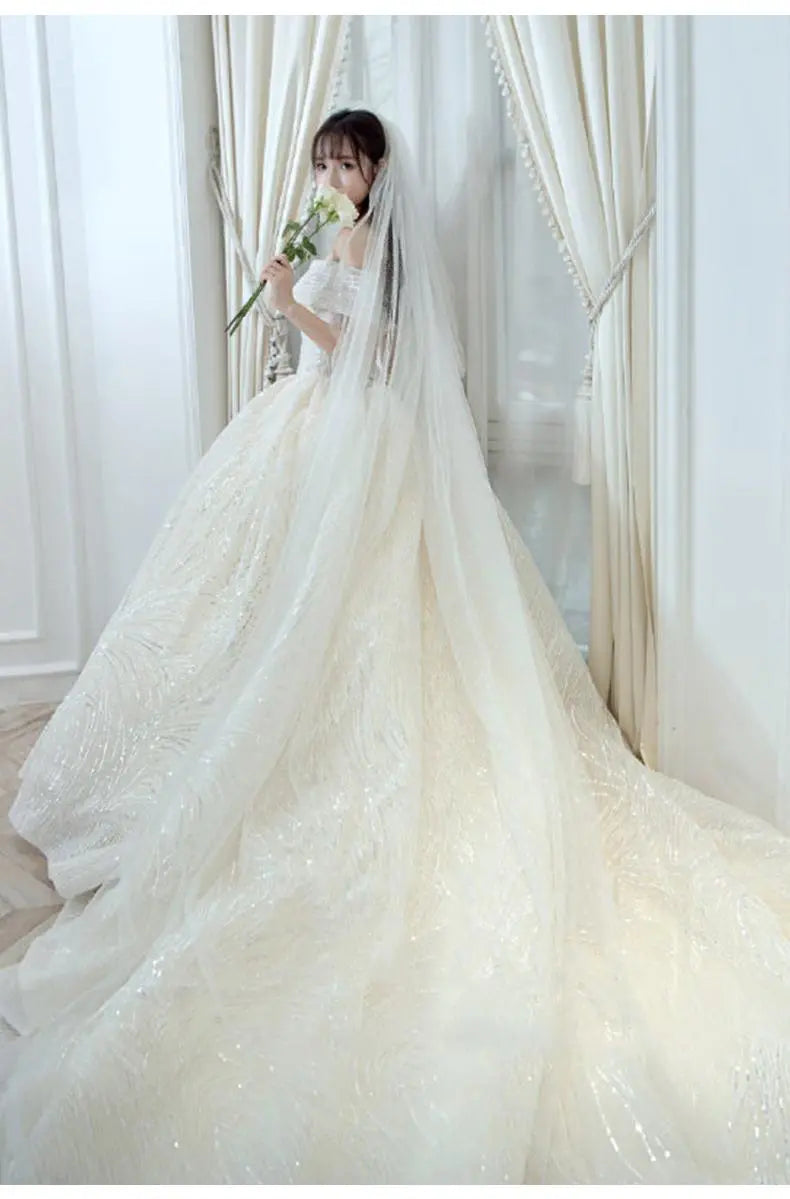 Luxury Sequins Wedding Dress Classic Boat Neck Bridal Gown Off The Shoulder