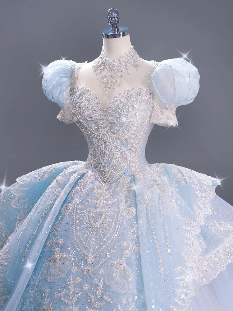 Blue French puffed sleeve big train winter wedding dress