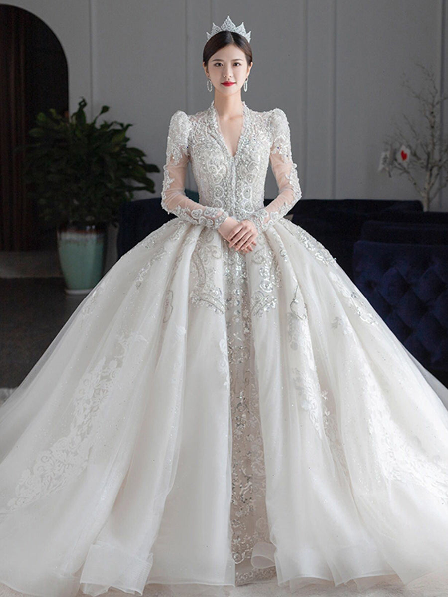 Luxury Bedading Long Sleeve Winter Wedding Dress V Neck