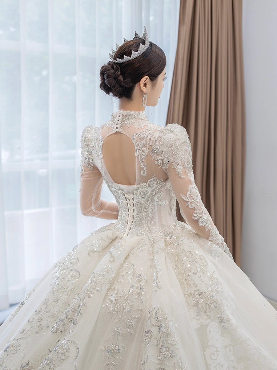 Luxury Bedading Long Sleeve Winter Wedding Dress V Neck