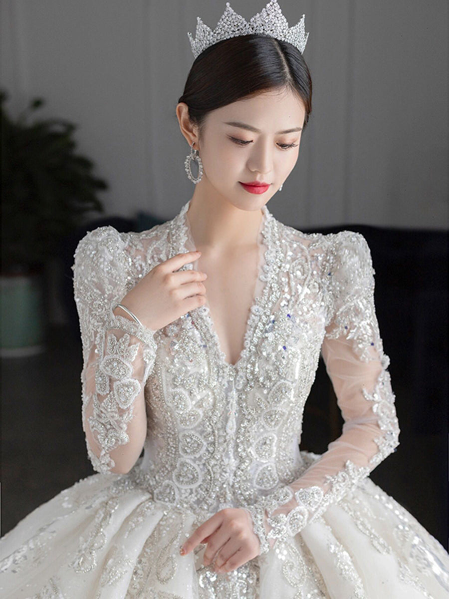 Luxury Bedading Long Sleeve Winter Wedding Dress V Neck