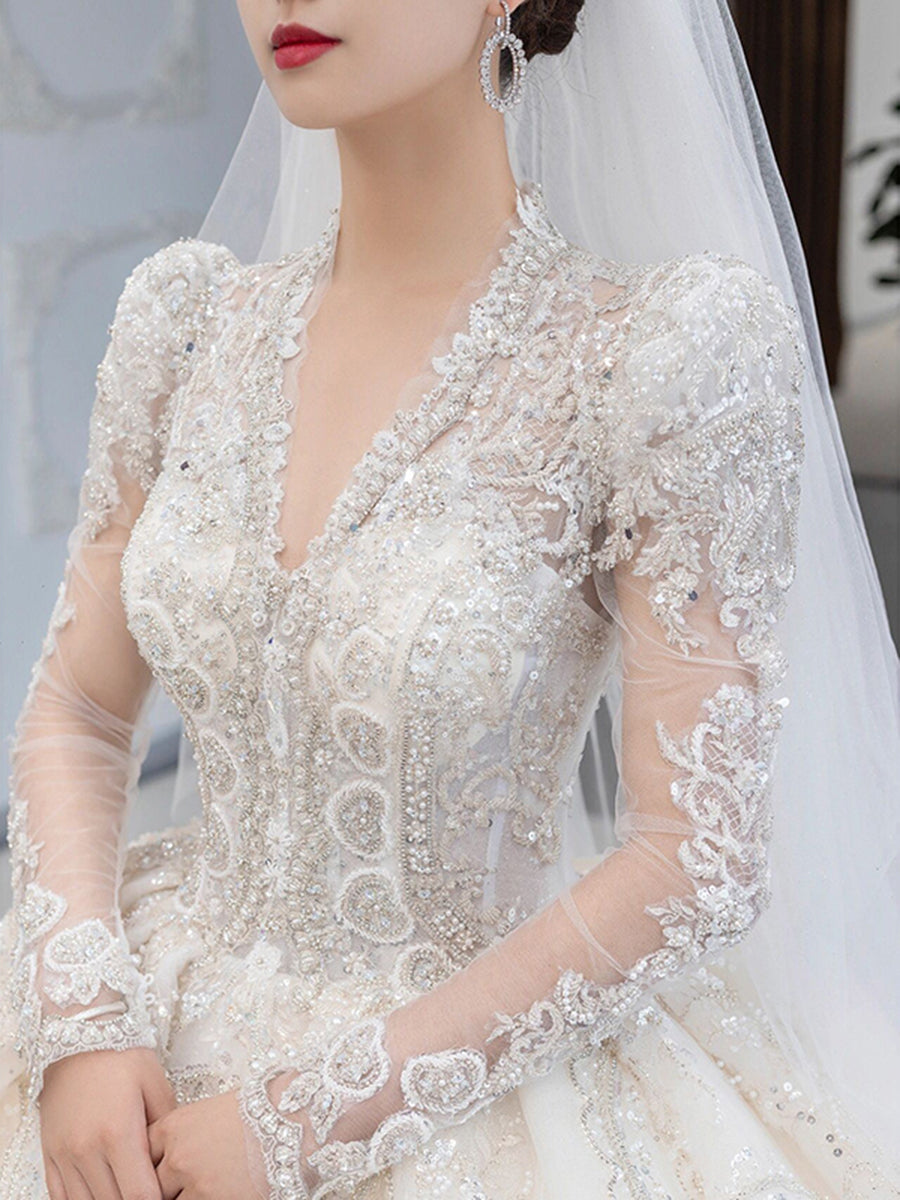 Luxury Bedading Long Sleeve Winter Wedding Dress V Neck