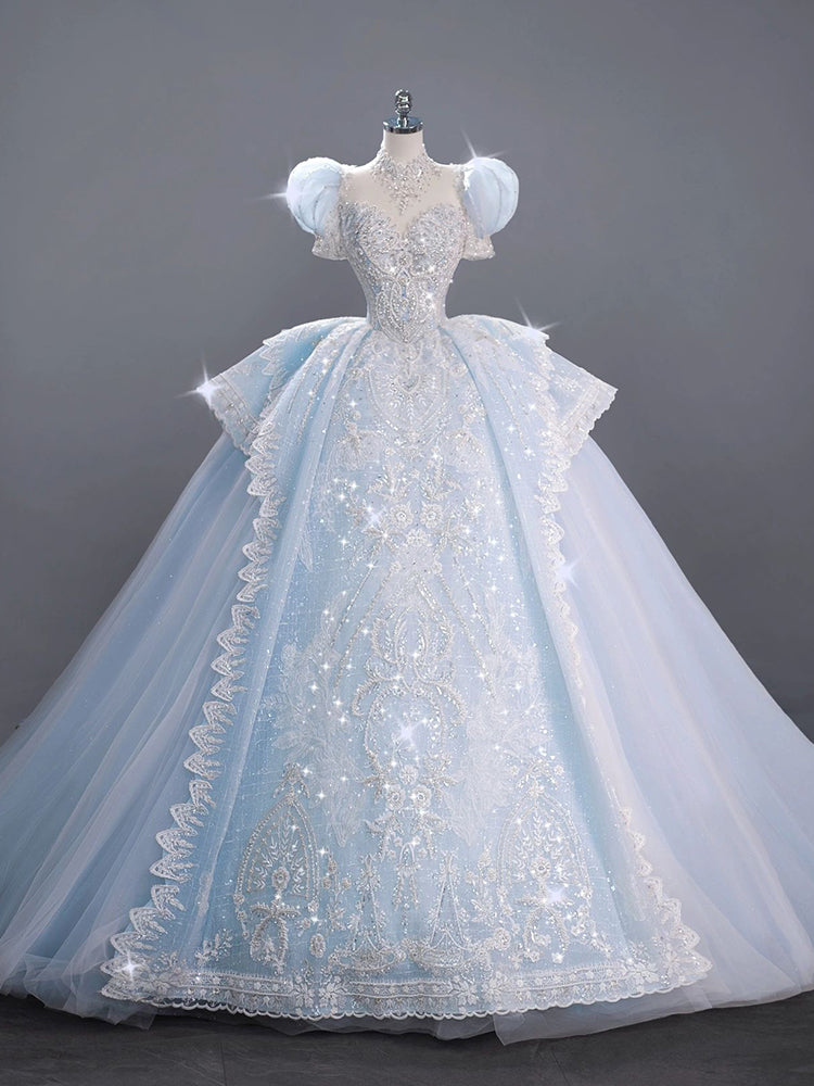 Blue French puffed sleeve big train winter wedding dress