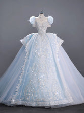 Load image into Gallery viewer, Blue French puffed sleeve big train winter wedding dress
