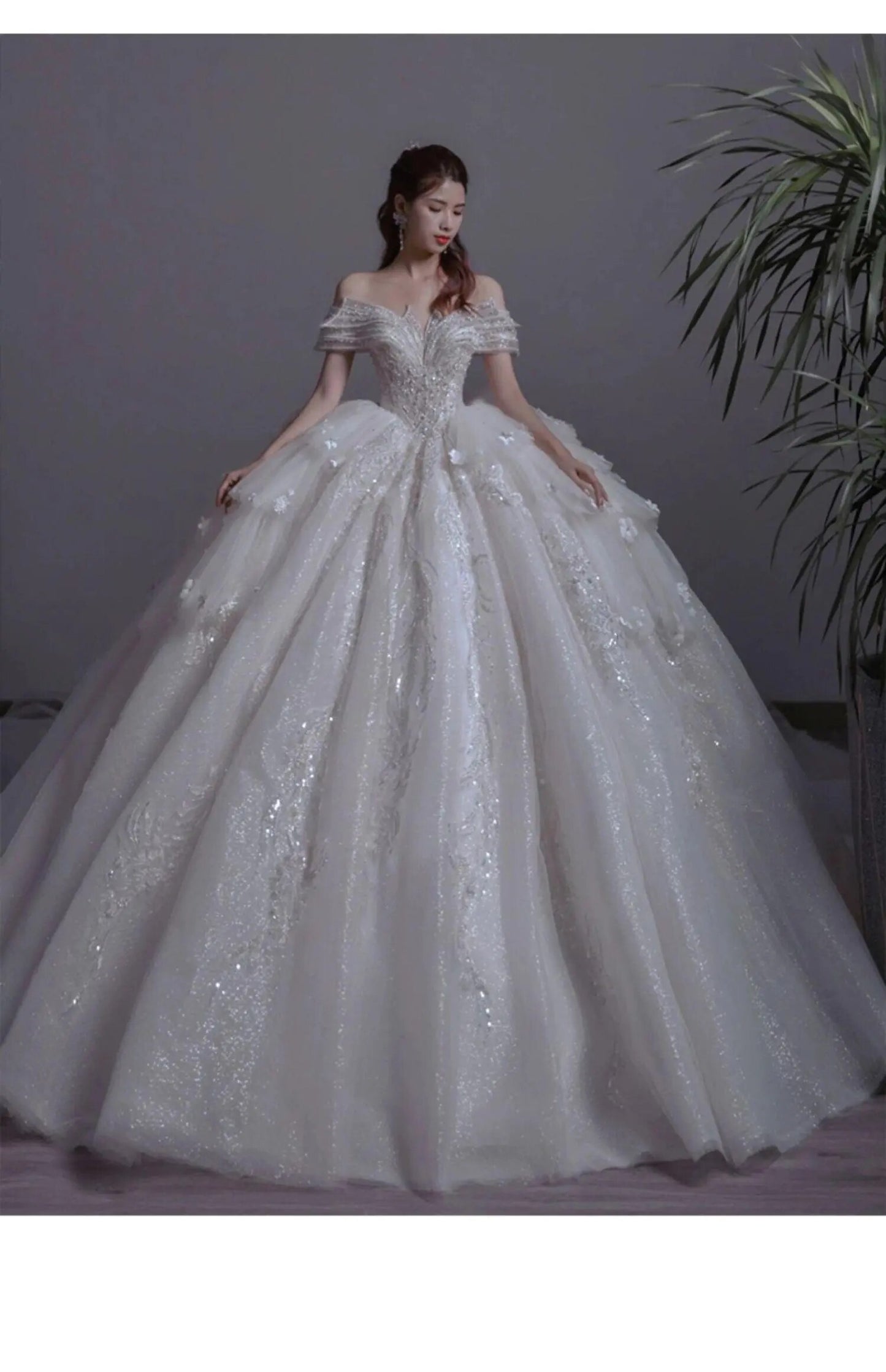 Floral Print Off The Shoulder Lace Luxury Wedding Dress