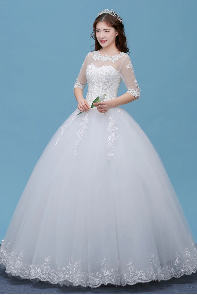 Lace A- Line O-neck Wedding Dresses Cheap Floor Length Ivory Bride Gowns Custom Made