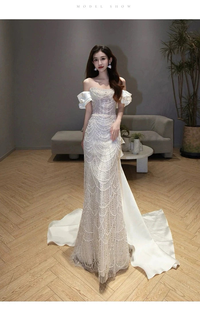 White Shiny Beading Evening Dresses Gorgeous Mermaid Host Light