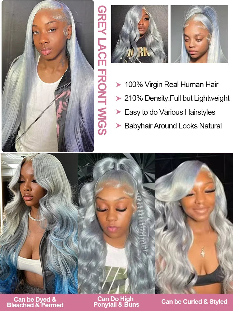 250 Density 13x6 Silver Grey Straight HD 613 Colored Lace Front Wig
