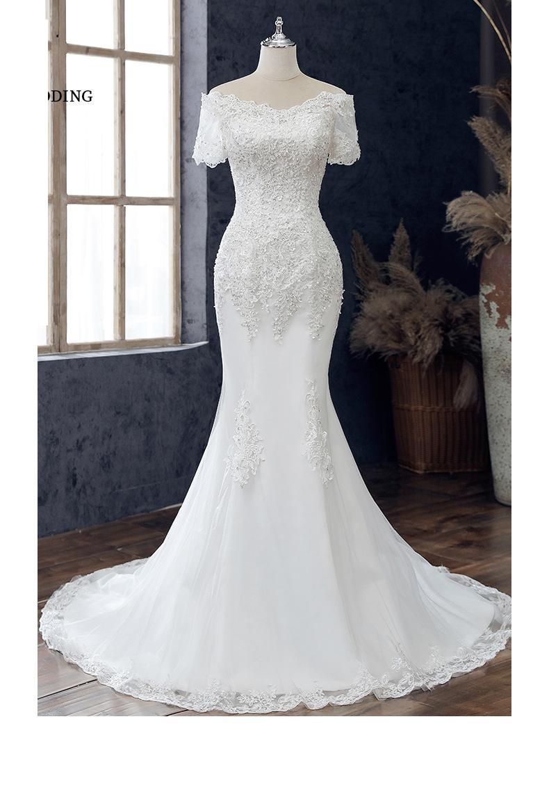 Lace Applique Wedding Dress Boat Neck Lace Up Short Sleeve Mermaid Bridal Dress