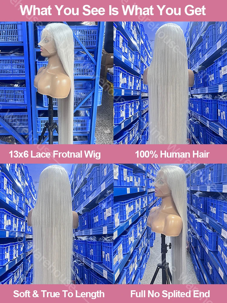 250 Density 13x6 Silver Grey Straight HD 613 Colored Lace Front Wig