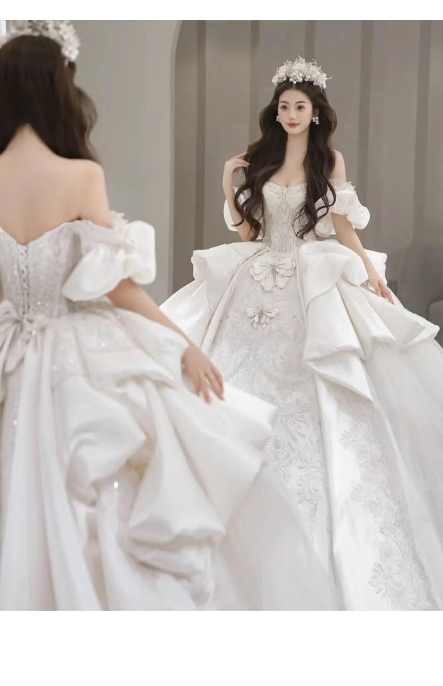 Boat Neck Satin Sweep Train Princess Wedding Gown Lace Embroidery