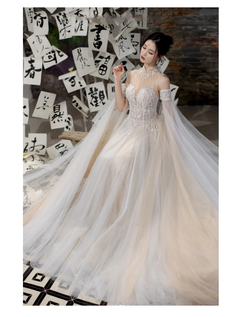 Wedding Dress French Style With Detachable Cap Luxury Embroidery Zipper With Buttones