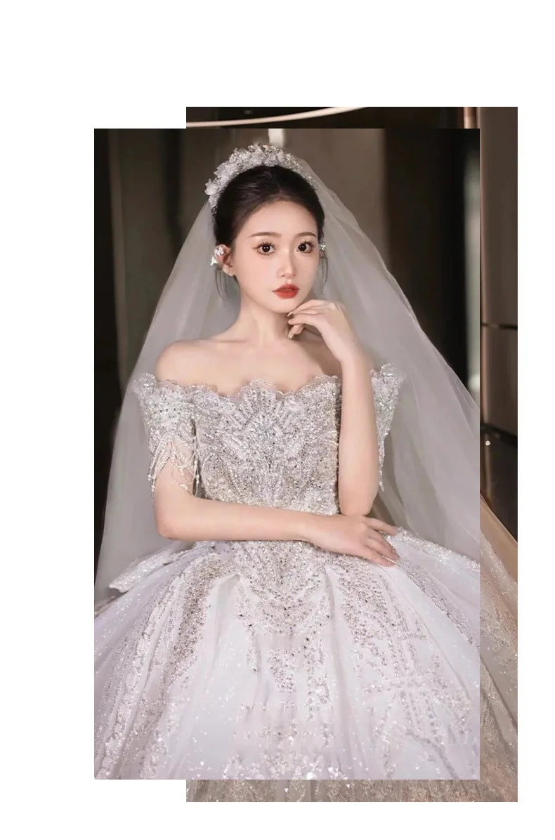 Boat Neck Handmade Beading Exquisite Off The Shoulder Princess Ball Gowns