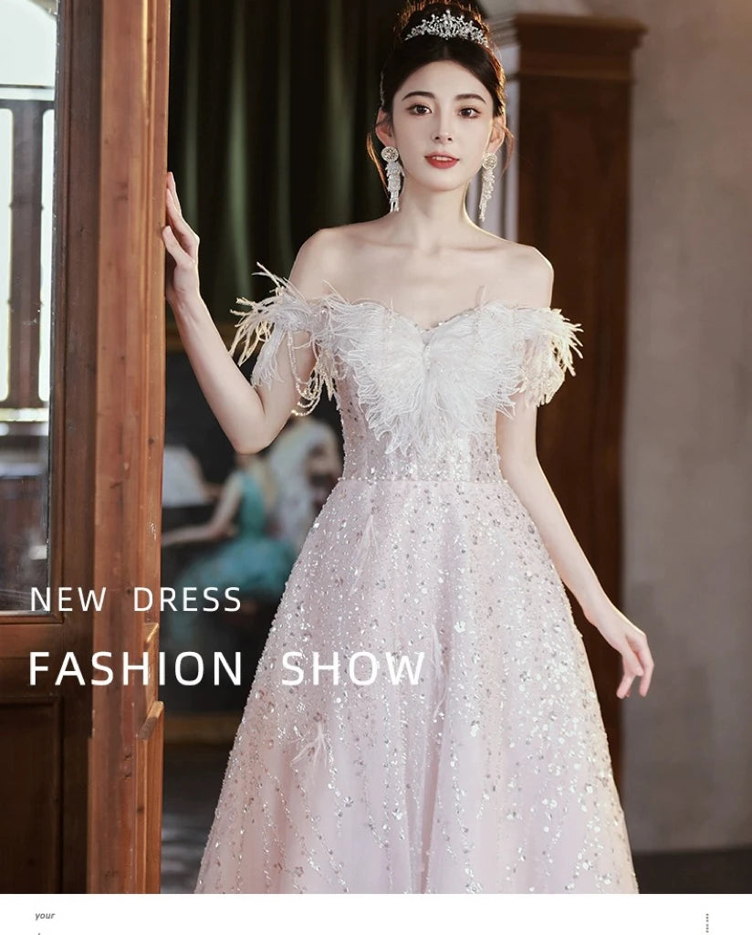 Pink Evening Dresses Off the Shoulder Lace-up Sequins Floor-Length A-line Sleeveless