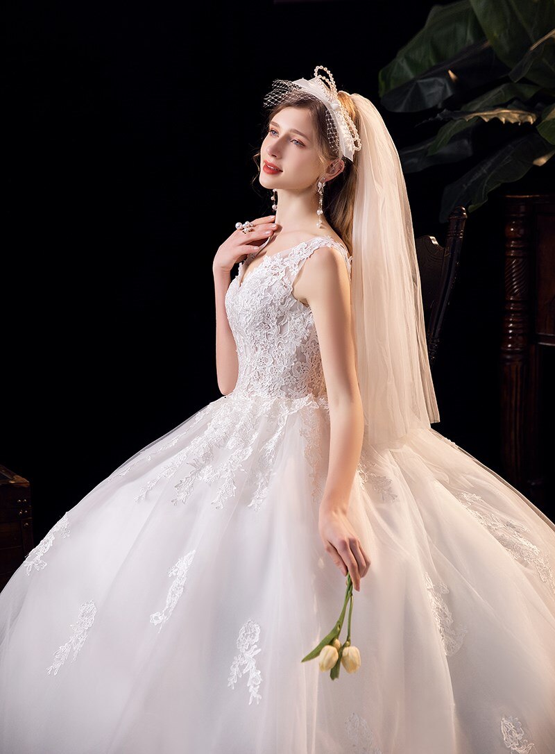 Lace V-neck Sweep Train Wedding Gowns Sleeveless Embroidery Bridal Dress