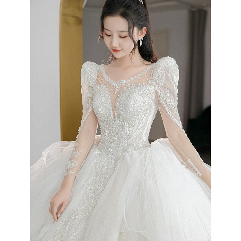 Beading Wedding Dress Sexy See Through Deep V Neck Bride Dress
