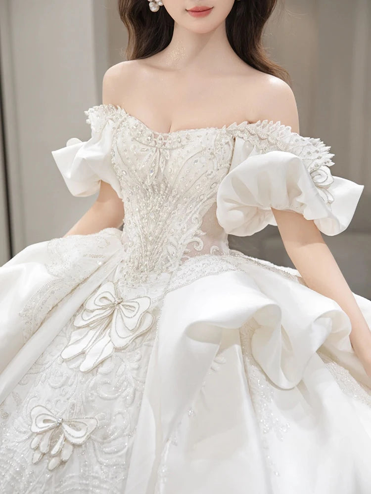 Off Shoulder Satin Gown Lace Embroidery
