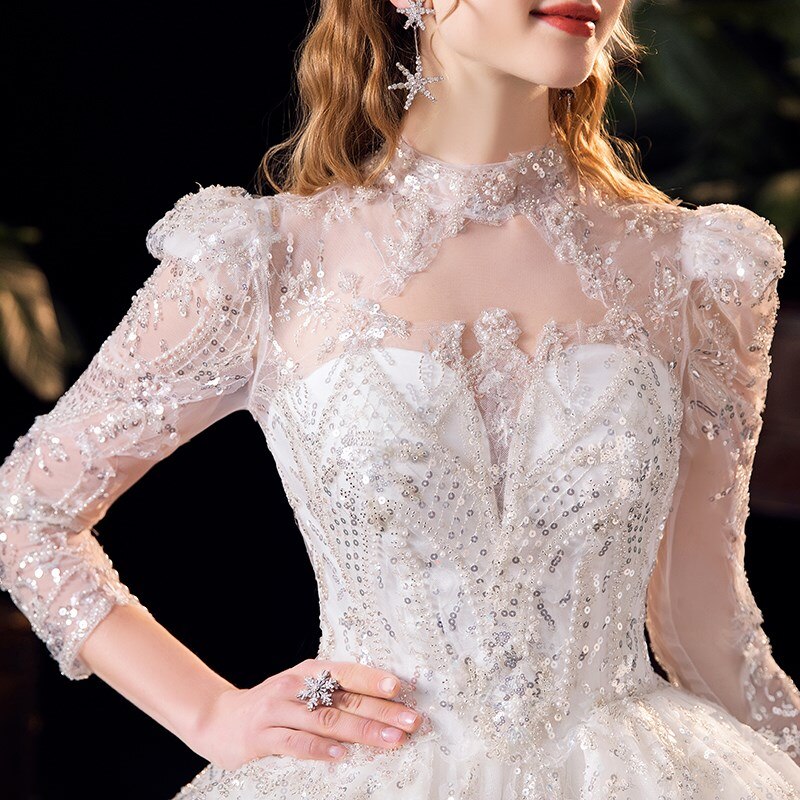 Luxury Long Sleeve Beading High Waist Wedding Gowns