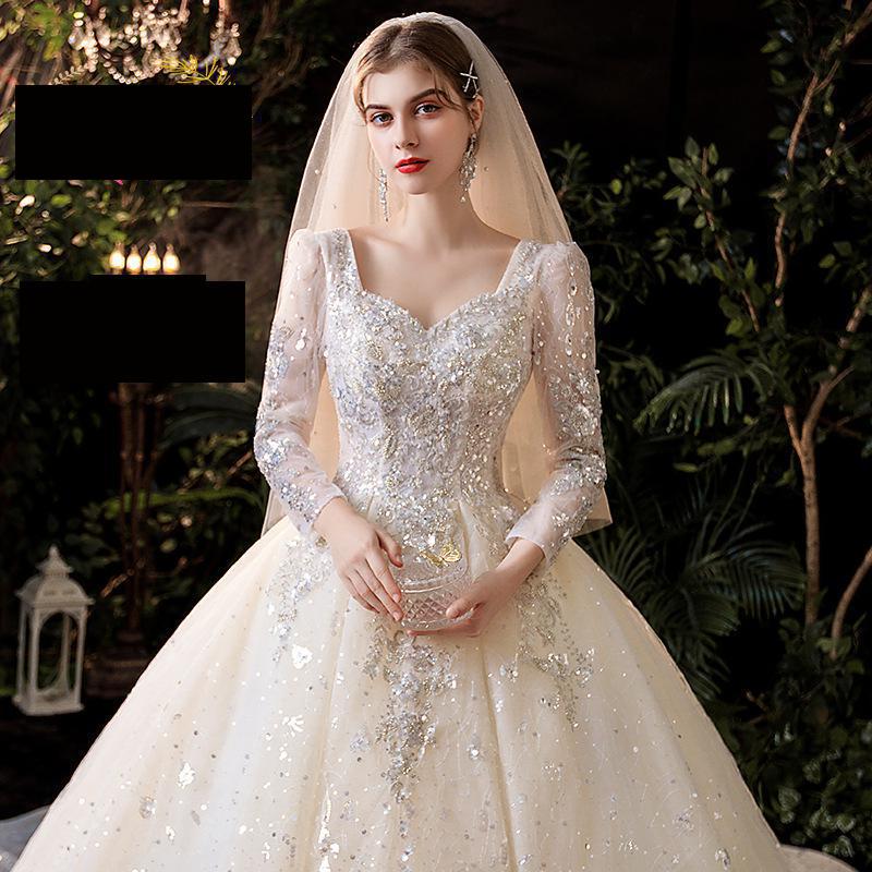 Luxury Long Sleeve Boat-neck Sweep Train Lace Up Gown