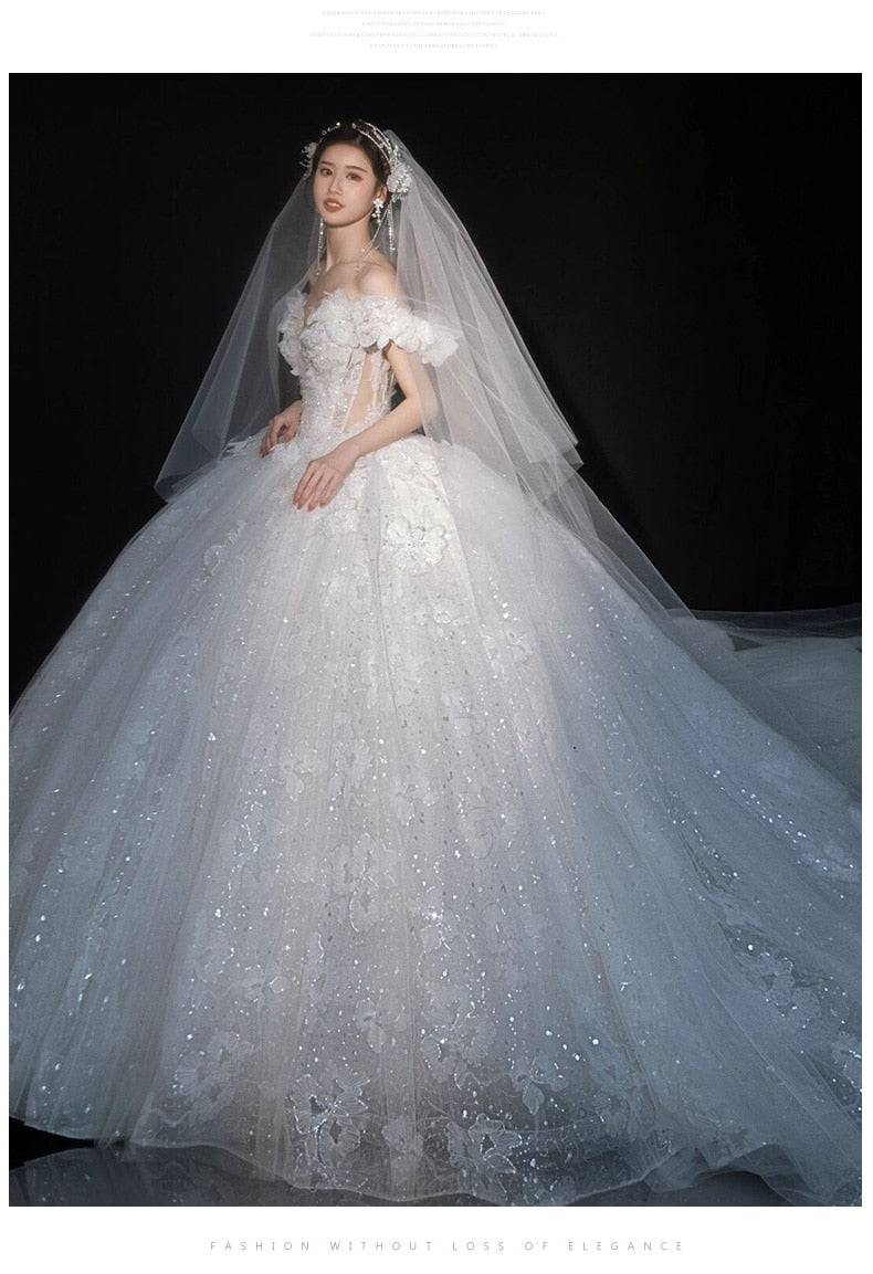 Luxury Off The Shoulder Sexy V-neck Bridal Dress