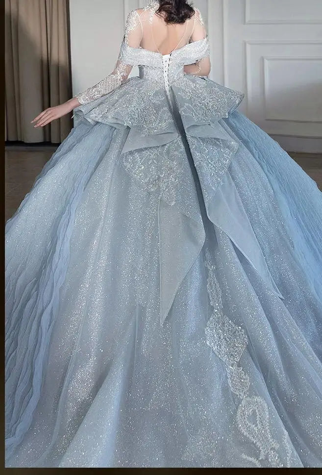 Off The Shoulder Shiny Embroidered Lace V Neck Vintage Bridal Ball Gown Dress