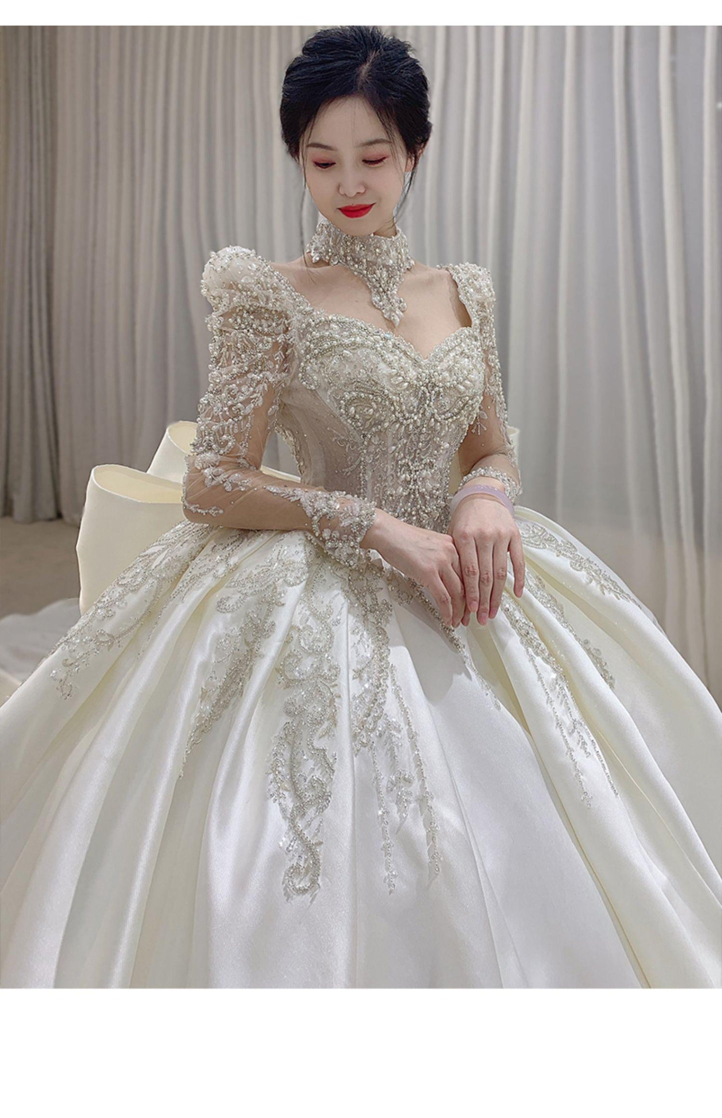 Long Sleeve Wedding Trailing Satin Lace Embroidery Bridal Dresses