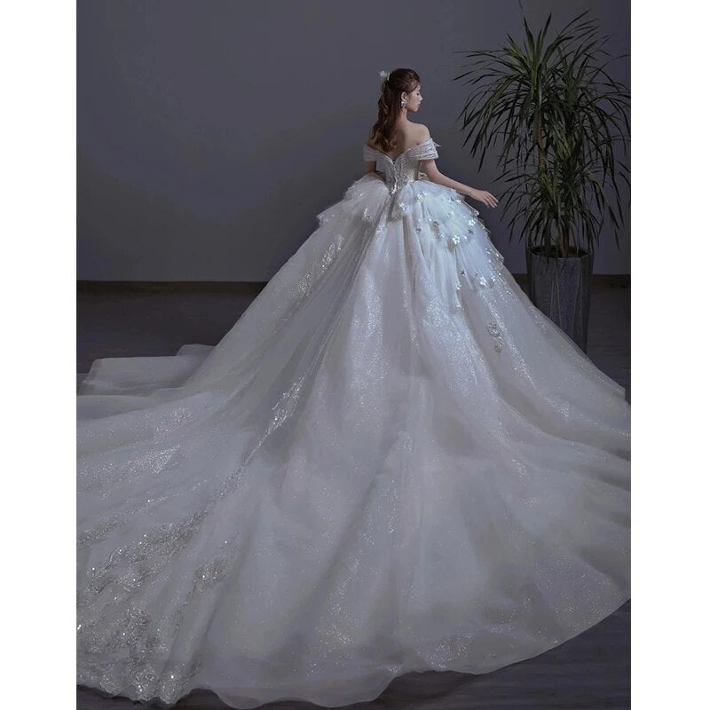Floral Print Off The Shoulder Lace Luxury Wedding Dress
