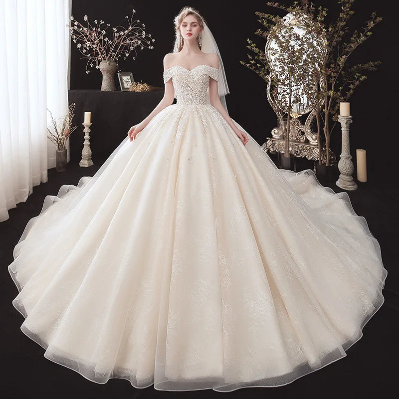 Champagne Ball Gown Women Sequins Off ShoulderGowns