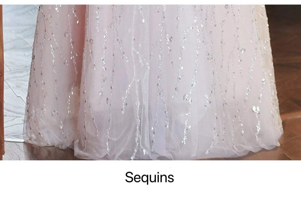Pink Evening Dresses Off the Shoulder Lace-up Sequins Floor-Length A-line Sleeveless
