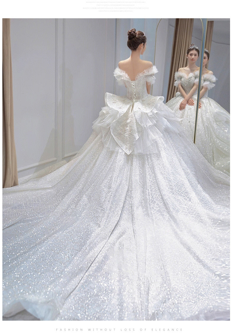 Luxury Wedding Dress Off The Shoulder Bridal Dress Lace Applique Custom Made