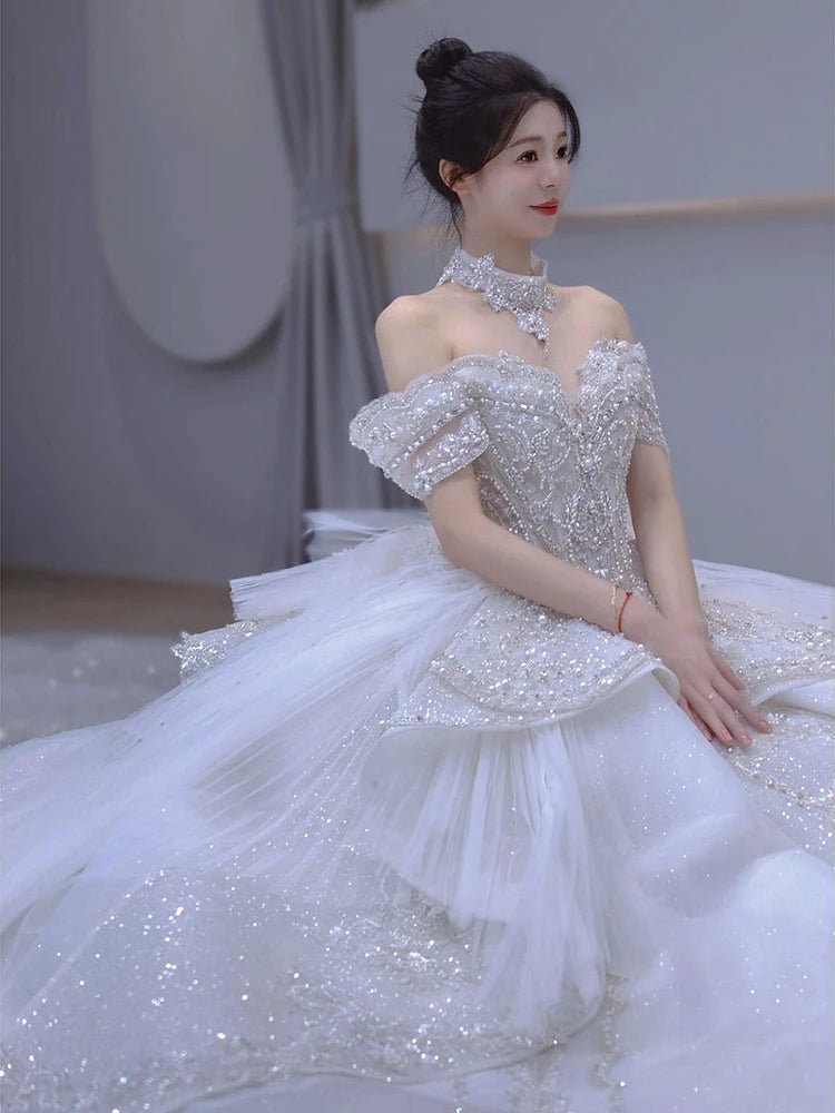 Off The Shoulder Handmade Appliques With Beading Princess Ball Gowns