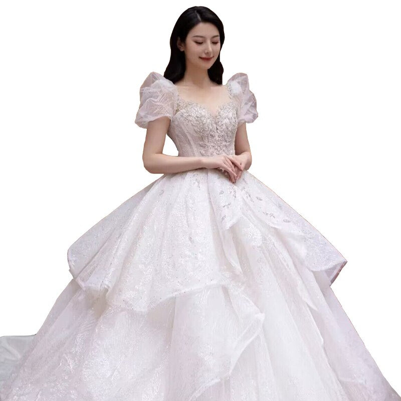 Embroidery Beaded Bubble Sleeveless Princess Wedding Gown